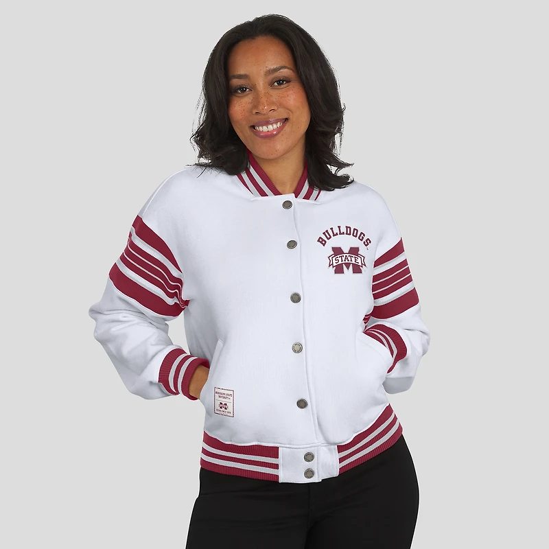 Women's WEAR by Erin Andrews White/Maroon Mississippi State Bulldogs Satin Stitch Full-Snap Fleece Sweatshirt Jacket