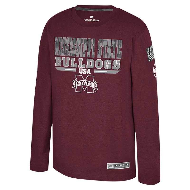 T-shirt à manches longues Oorah d'appréciation militaire OHT du Colisée de la jeunesse Heather Maroon Mississippi State Bulldogs