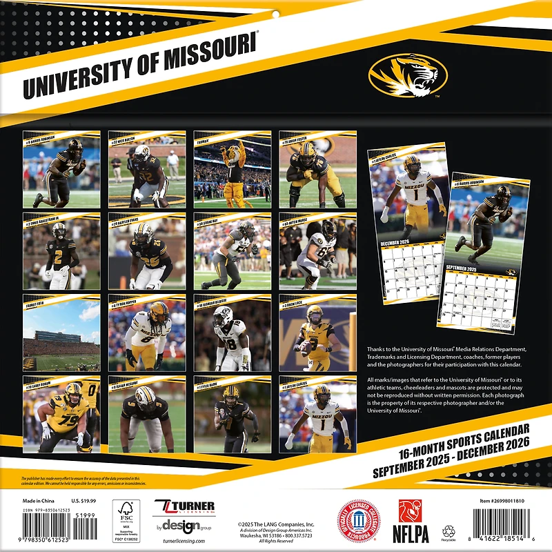 Calendrier mural 2026 des Tigers du Missouri (12 po x 12 po)
