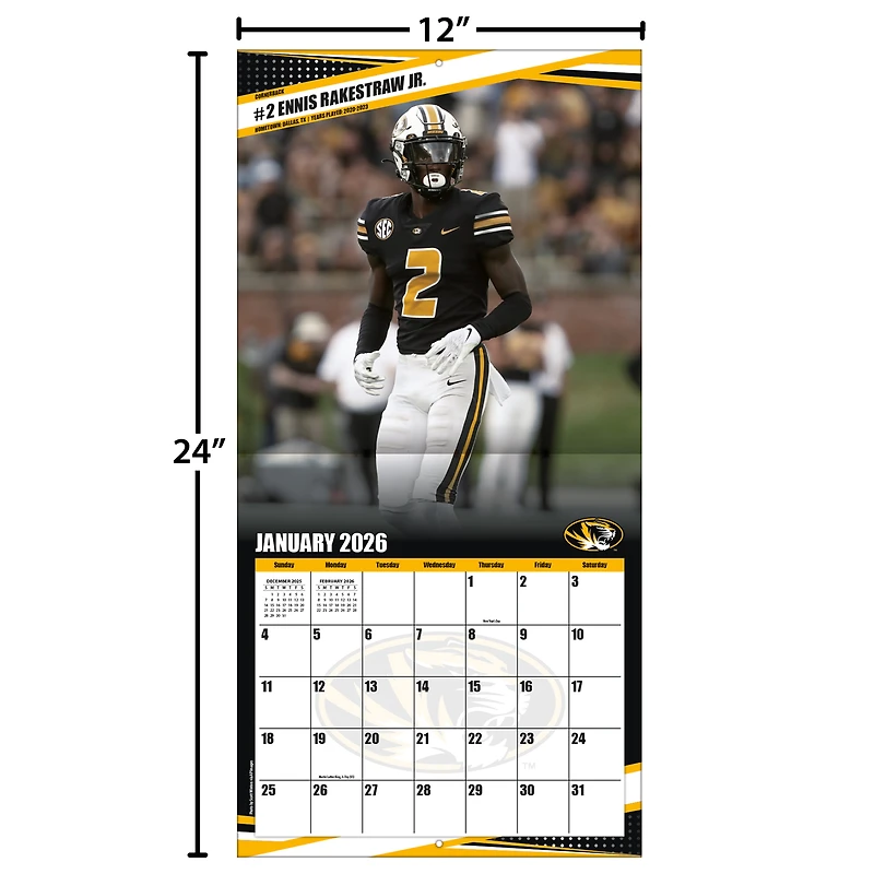 Calendrier mural 2026 des Tigers du Missouri (12 po x 12 po)