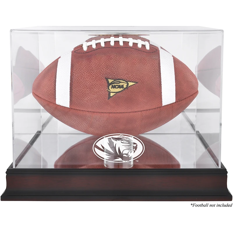 Vitrine de présentation du logo de football des Missouri Tigers avec base en acajou et dos en miroir
