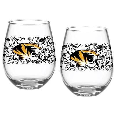 Ensemble de deux verres à pied sans pied à motif floral de 15 oz des Missouri Tigers