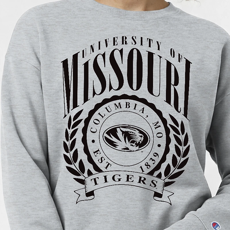 Women's Champion Heather Gray Missouri Tigers Academic Crest Powerblend Crewneck Sweatshirt