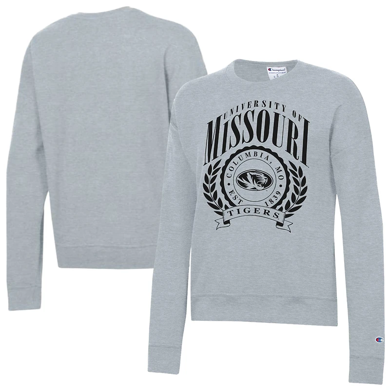 Women's Champion Heather Gray Missouri Tigers Academic Crest Powerblend Crewneck Sweatshirt