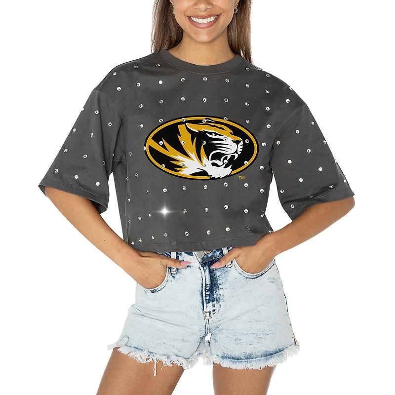 T-shirt court à strass pour femme Gameday Couture gris Missouri Tigers Go Time