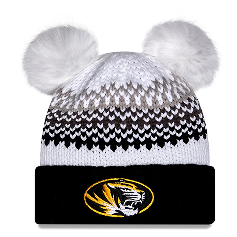 Bonnet en tricot à revers imprimé et double pompon New Era pour femme, motif Missouri Tigers noir