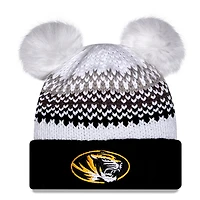 Bonnet en tricot à revers imprimé et double pompon New Era pour femme, motif Missouri Tigers noir