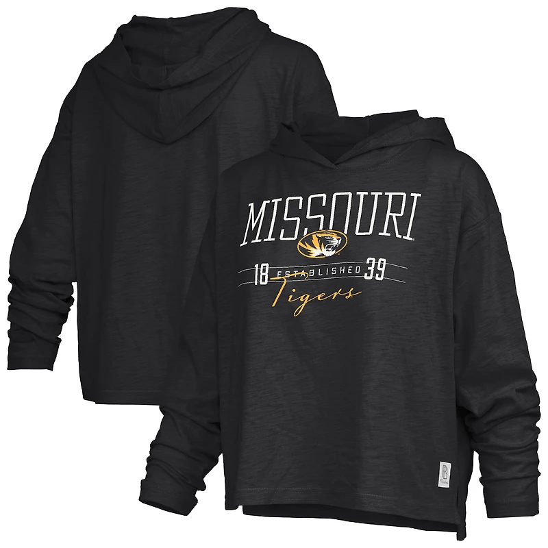 T-shirt à capuche noir Pressbox Missouri Tigers Castillo Slub pour femme, manches longues, taille basse.