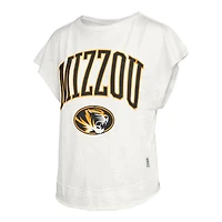T-shirt Pressbox Cream pour femmes, Missouri Tigers, Nelson Movement, dos ouvert, en jersey flammé