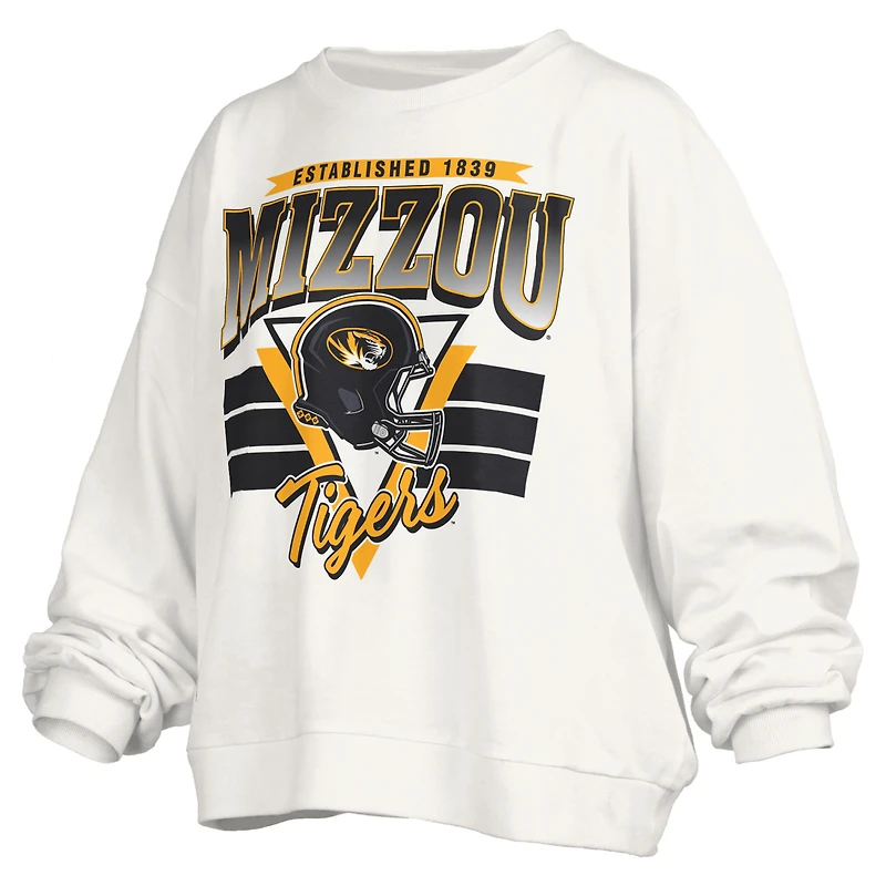 Sweat-shirt surdimensionné rétro Janice blanc pour femme, modèle Pressbox, des Missouri Tigers, longueur taille