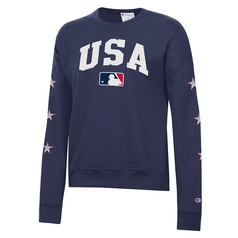 Women's Champion Navy MLB Merchandise Americana Fleece Crewneck Sweatshirt