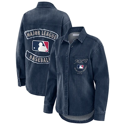Women's WEAR by Erin Andrews Denim MLB Washed Oversized Full-Snap Shacket