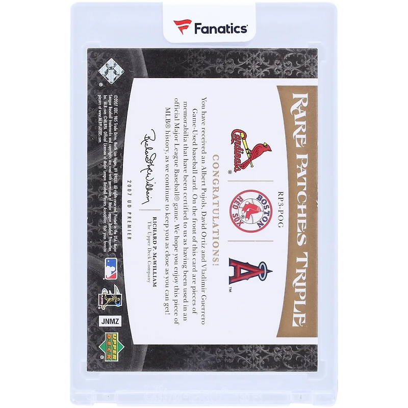 Albert Pujols, David Ortiz & Vladimir Guerrero 2007 Upper Deck Premier Game Used Rare Patches Triple #RP3-POG #9/10 Card