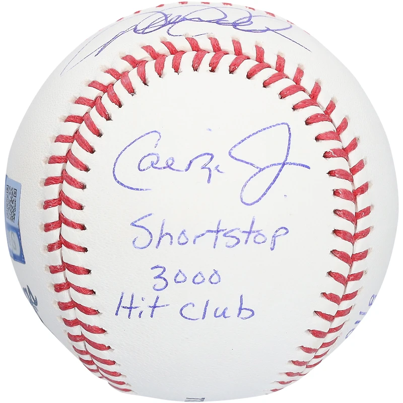 Balle de baseball autographiée par Derek Jeter, Cal Ripken Jr. et Robin Yount avec inscription « Club des 3000 coups sûrs des arrêts-courts » - Édition limitée n° 8/10
