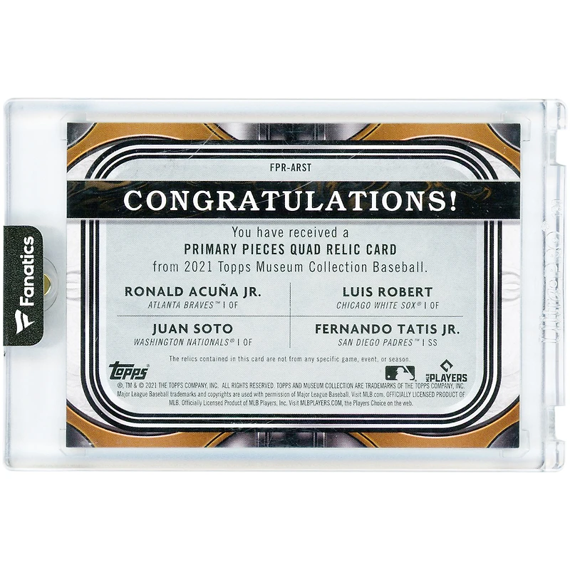 Fernando Tatis Jr., Ronald Acuña Jr., Luis Robert Jr. & Juan Soto 2021 Topps Museum Collection Primary Pieces Quad Multi-Color Relics #FPR-ARST #1/1 Card