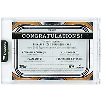 Fernando Tatis Jr., Ronald Acuña Jr., Luis Robert Jr. & Juan Soto 2021 Topps Museum Collection Primary Pieces Quad Multi-Color Relics #FPR-ARST #1/1 Card