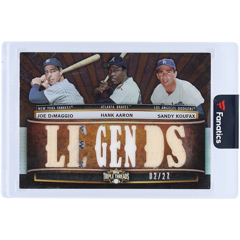 Carte relique multi-équipes MLB 2011 Topps Triple Threads #TTRC-60 #2/27 de Joe DiMaggio, Hank Aaron et Sandy Koufax