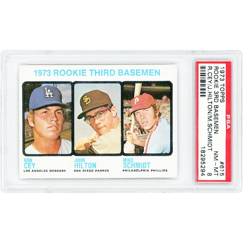 Carte de recrue Topps 1973 n° 615, authentifiée PSA 8, Mike Schmidt, Ron Cey et John Hilton