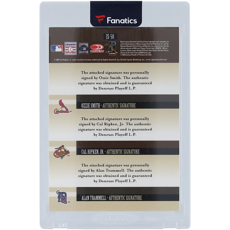 Carte Signature Donruss 2005 Inkcredible Triple #IS-50 autographiée par Ozzie Smith, Cal Ripken Jr. et Alan Trammell