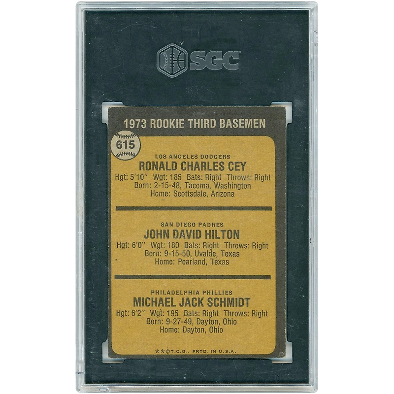 Ron Cey, John Hilton & Mike Schmidt 1973 Topps '73 Rookie Third Basemen #615 SGC Authenticated 3 Rookie Card