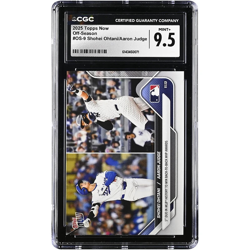 Shohei Ohtani et Aaron Judge, carte Topps Now 2025 : premier duo de l’histoire de la MLB à remporter deux titres de MVP consécutifs. Carte authentifiée CGC 9.5. #OS-9