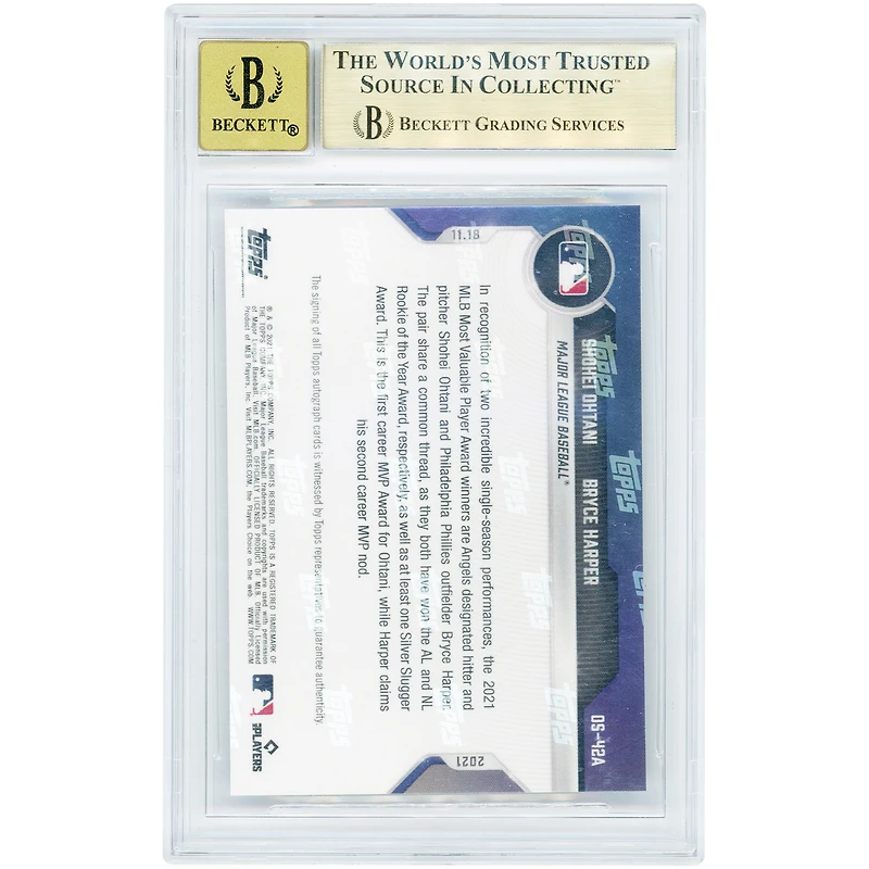 Shohei Ohtani et Bryce Harper, cartes Topps Now 2021 autographiées : les superstars ajoutent des titres de MVP de la MLB 2021 à leurs carrières déjà bien remplies. #OS-42A #93/99 Carte authentifiée BGS 10/10 - Sous-notes : 9,5, 10, 10, 10