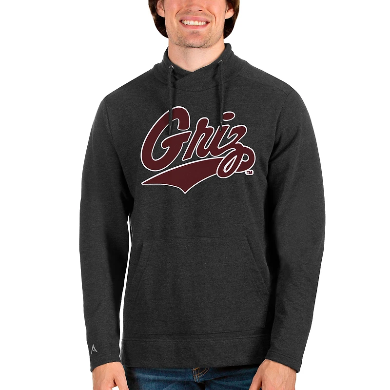 Men's Antigua Heathered Black Montana Grizzlies Team Logo Reward Crossover Neckline Pullover Sweatshirt