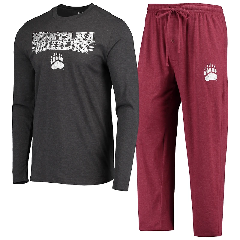 Ensemble de nuit pour homme Concepts Sport bordeaux/anthracite chiné Montana Grizzlies Meter, haut à manches longues et pantalon