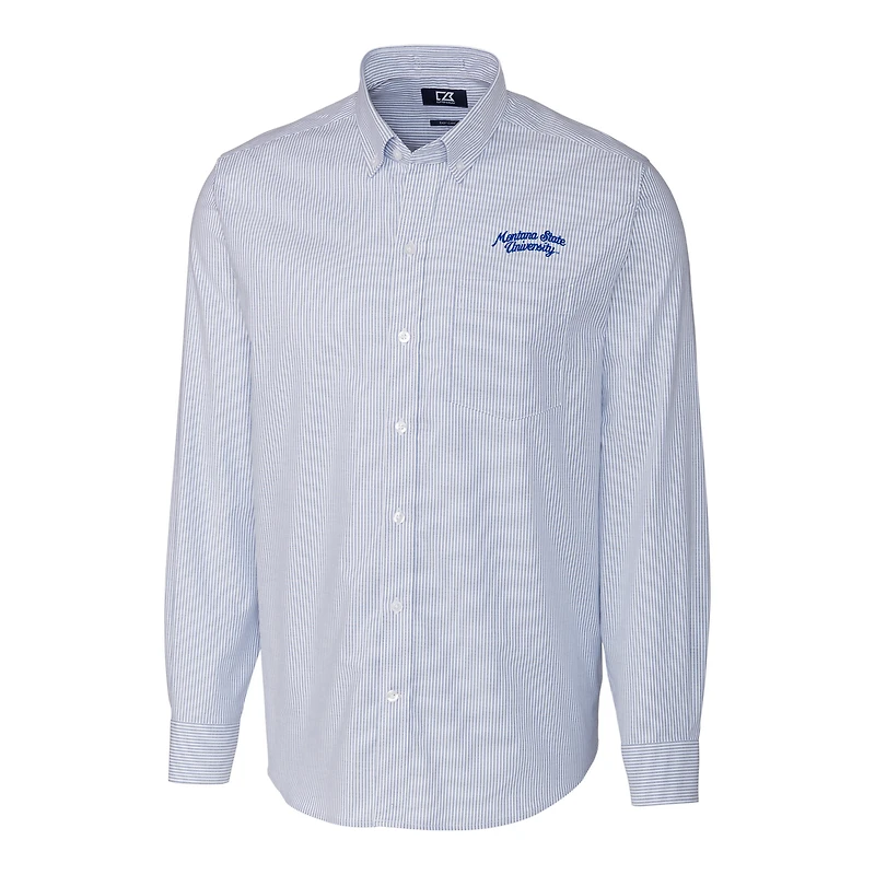 Chemise habillée à manches longues pour homme Cutter & Buck, bleu, Montana State Bobcats, extensible, Oxford, rayures, grande taille