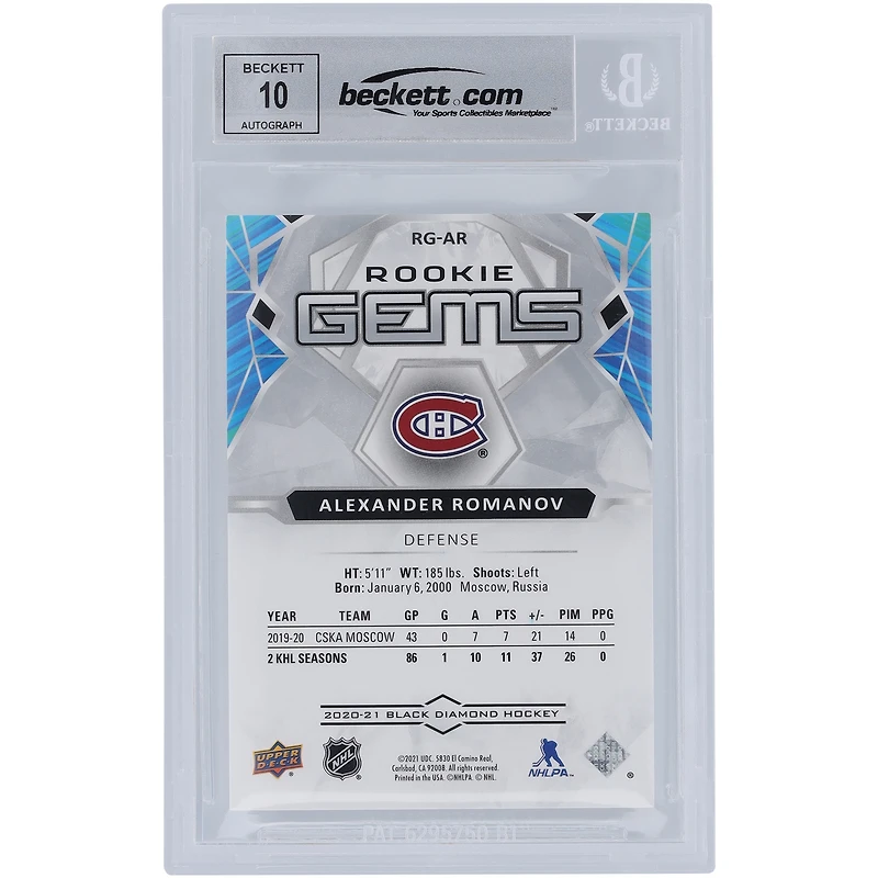 Alexander Romanov Montreal Canadiens Autographed 2020-21 Upper Deck Black Diamond Rookie Gems #RG-AR #47/399 Beckett Fanatics Witnessed Authenticated 10 Rookie Card