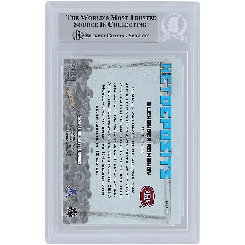 Carte de recrue authentifiée autographiée par Alexander Romanov des Canadiens de Montréal 2020-21 Upper Deck Metal Universe Net Deposits #ND-5 Beckett Fanatics Witnessed