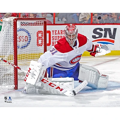 Carey Price Montreal Canadiens Unsigned White Jersey Stick Save Photograph
