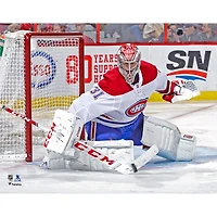 Carey Price Montreal Canadiens Unsigned White Jersey Stick Save Photograph