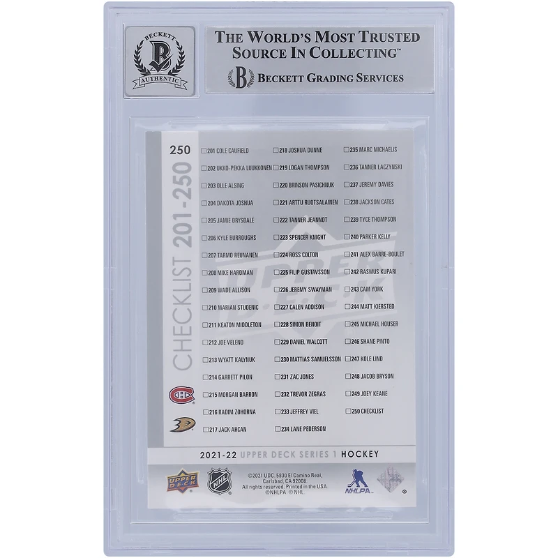 Carte de recrue autographiée 2021-22 Upper Deck Young Guns Checklist Silver #250 Beckett Fanatics Witnessed Authenticated 10 Rookie Card de Cole Caufield des Canadiens de Montréal et de Trevor Zegras des Ducks d'Anaheim
