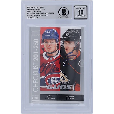 Carte de recrue autographiée 2021-22 Upper Deck Young Guns Checklist Silver #250 Beckett Fanatics Witnessed Authenticated 10 Rookie Card de Cole Caufield des Canadiens de Montréal et de Trevor Zegras des Ducks d'Anaheim