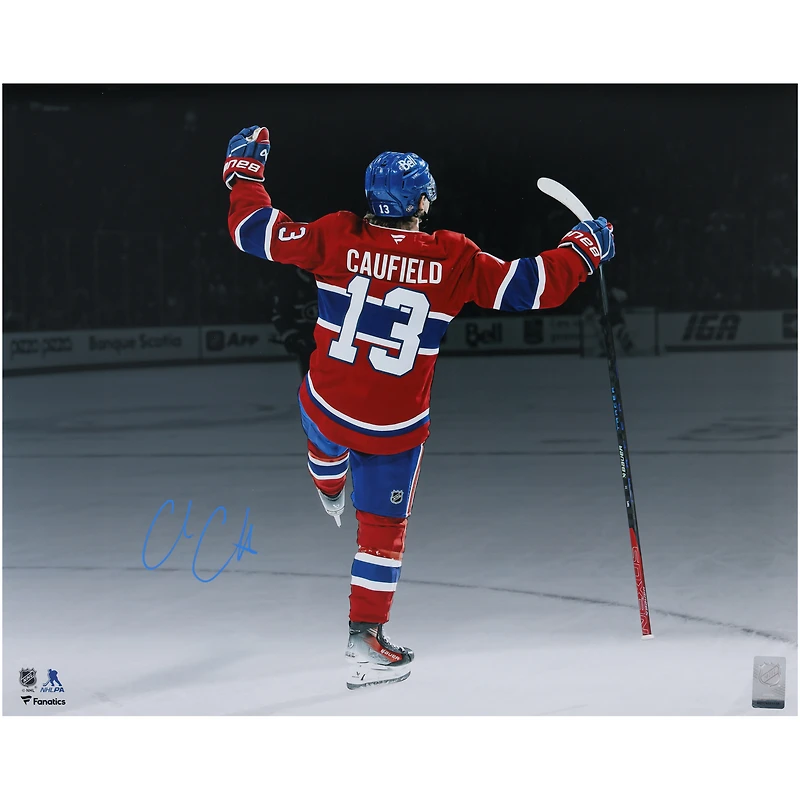 Cole Caufield Montreal Canadiens Autographed 16" x 20" Red Jersey Spotlight Celebration Photograph 