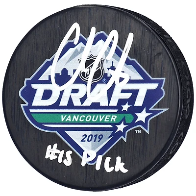 Cole Caufield Montreal Canadiens Autographed 2019 NHL Draft Logo Hockey Puck with "#15 Pick" Inscription
