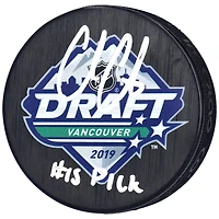 Cole Caufield Montreal Canadiens Autographed 2019 NHL Draft Logo Hockey Puck with "#15 Pick" Inscription