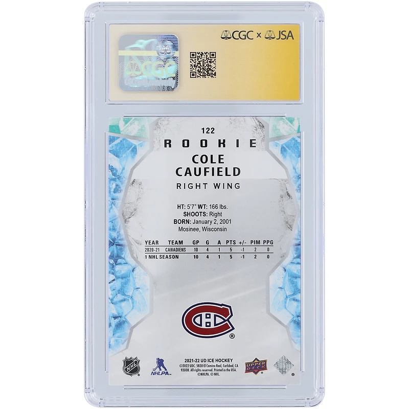 Carte recrue autographiée Cole Caufield des Canadiens de Montréal 2021-22 Upper Deck Ice Green #122 CGC Fanatics a été témoin d'une carte authentifiée Auto 10