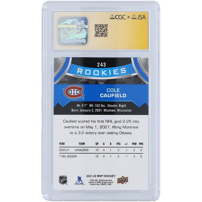 Carte de recrue autographiée Cole Caufield des Canadiens de Montréal 2021-22 Upper Deck MVP Blue #243 CGC Fanatics Witnessed Authenticated Auto 10 Rookie