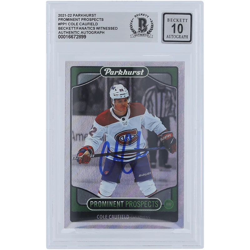 Carte de recrue numéro 10 autographiée par Cole Caufield des Canadiens de Montréal 2021-22 Upper Deck Parkhurst Prominent Prospects #PP1 Beckett Fanatics Witnessed Authenticated