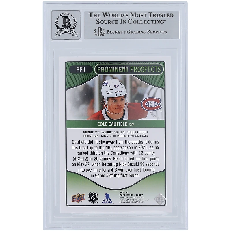 Carte de recrue numéro 10 autographiée par Cole Caufield des Canadiens de Montréal 2021-22 Upper Deck Parkhurst Prominent Prospects #PP1 Beckett Fanatics Witnessed Authenticated