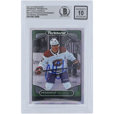 Carte de recrue numéro 10 autographiée par Cole Caufield des Canadiens de Montréal 2021-22 Upper Deck Parkhurst Prominent Prospects #PP1 Beckett Fanatics Witnessed Authenticated