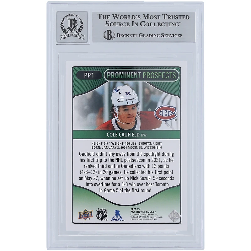 Cole Caufield Montreal Canadiens Autographed 2021-22 Upper Deck Parkhurst Prominent Prospects #PP1 Beckett Fanatics Witnessed Authenticated 9/10 Rookie Card