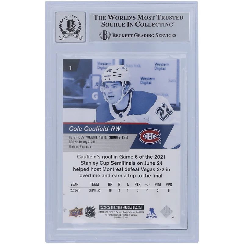 Carte recrue numéro 1 Beckett autographiée par Cole Caufield des Canadiens de Montréal 2021-22 Upper Deck Rookies #1 Les fanatiques de Beckett ont été témoins de l'authentification
