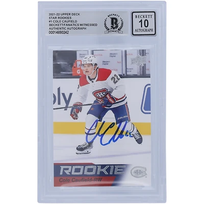 Carte recrue numéro 1 Beckett autographiée par Cole Caufield des Canadiens de Montréal 2021-22 Upper Deck Rookies #1 Les fanatiques de Beckett ont été témoins de l'authentification