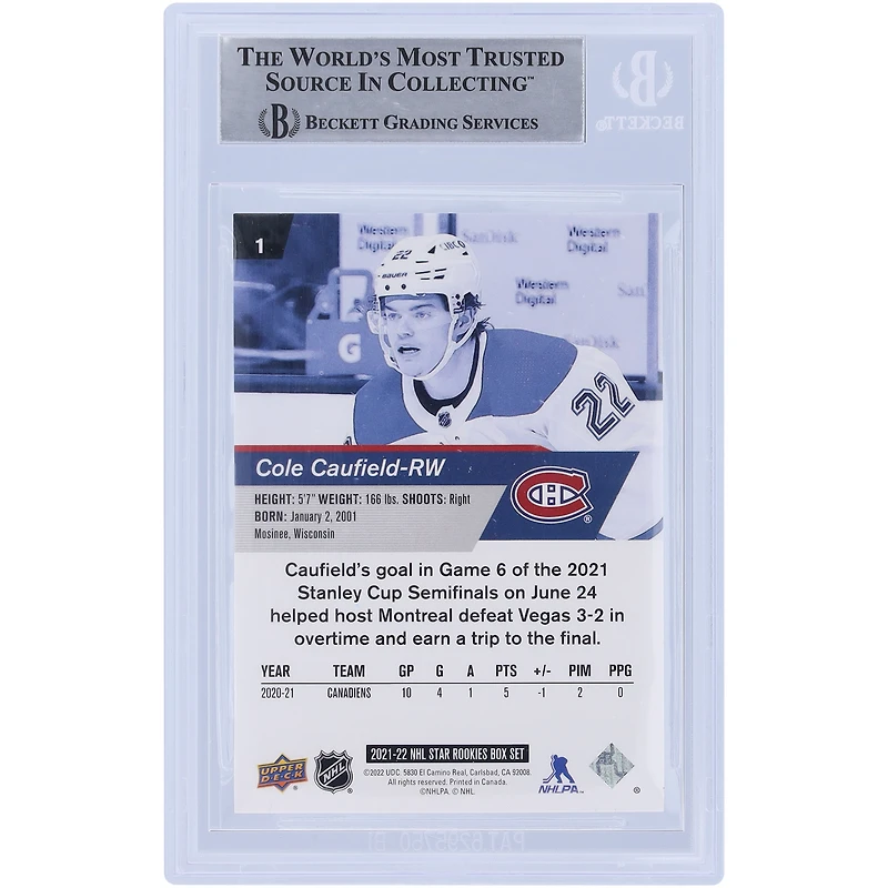 Cole Caufield, Canadiens de Montréal, carte de recrue authentifiée numéro 1 des Upper Deck Rookies 2021-22 autographiée par Beckett Fanatics