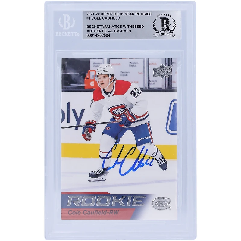 Cole Caufield, Canadiens de Montréal, carte de recrue authentifiée numéro 1 des Upper Deck Rookies 2021-22 autographiée par Beckett Fanatics