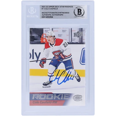 Cole Caufield, Canadiens de Montréal, carte de recrue authentifiée numéro 1 des Upper Deck Rookies 2021-22 autographiée par Beckett Fanatics
