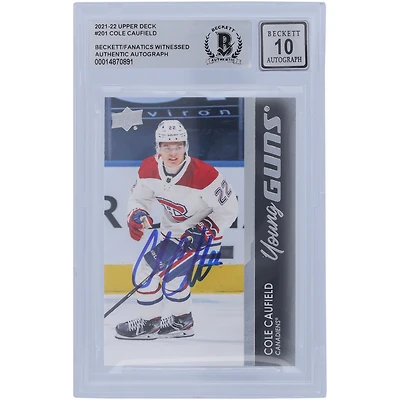 Carte de recrue autographiée 2021-22 Upper Deck Young Guns #201 Beckett par Cole Caufield des Canadiens de Montréal, fanatiques témoins, numéro 10 authentifié